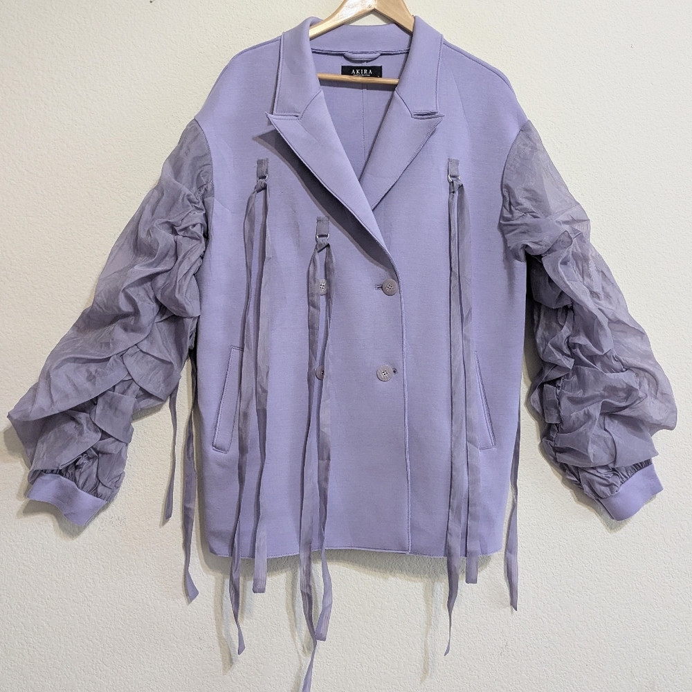 Akira Lotus Flower Bomb Ruched Sleeve Blazer Lilac Size Large. EUC - Picture 2 of 8